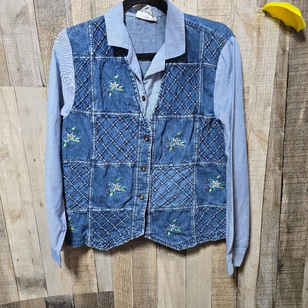 Alfred Dunner Vintage 90s Blue Denim Shirt Vest Combo Retro Cottagecore Fairy
